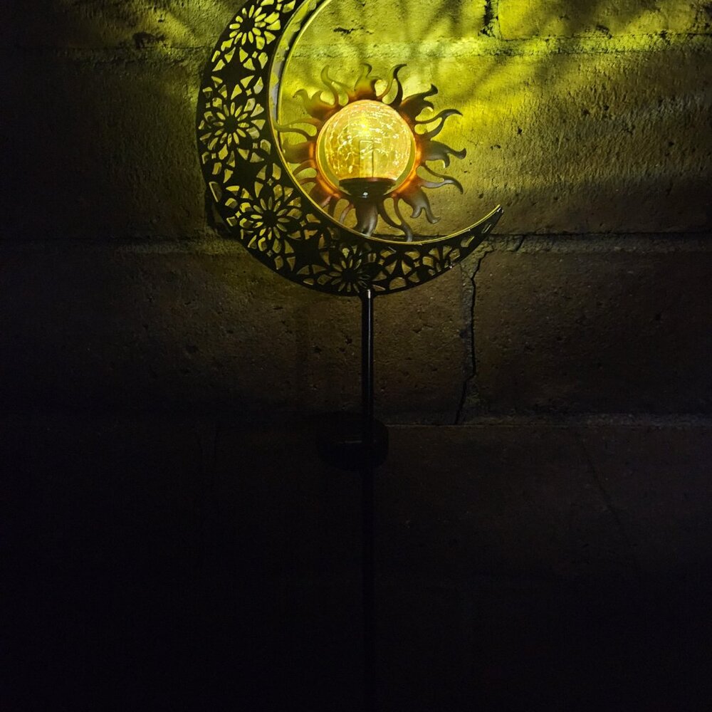 Whimsical Crescent  AMBER Sun Metal and Glass Solar Stake